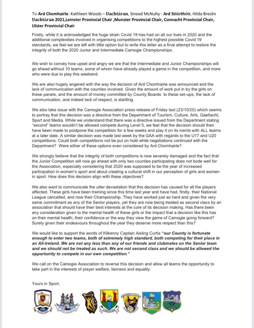 EmmaaFlanagan's tweet photo. 10 teams dismissed from Championship in 2020.. No one wants to see a straight final in the Junior All-Ireland or half the teams wiped out of Intermediate.. reverse your decision, let us play in our own competition @womenshurling @CorkCamogie @OfficialCamogie @cathmartingreen https://t.co/SVgQ3LrFMq