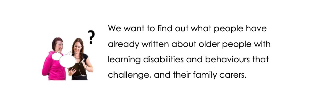 Some more information about the work of the Growing Older, Planning Ahead project  http://wels.open.ac.uk/research/growing-older-planning-ahead/work-packages Firstly we will look at what has already been written about older people with learning disabilities and behaviour that services find challenging, and their family carers