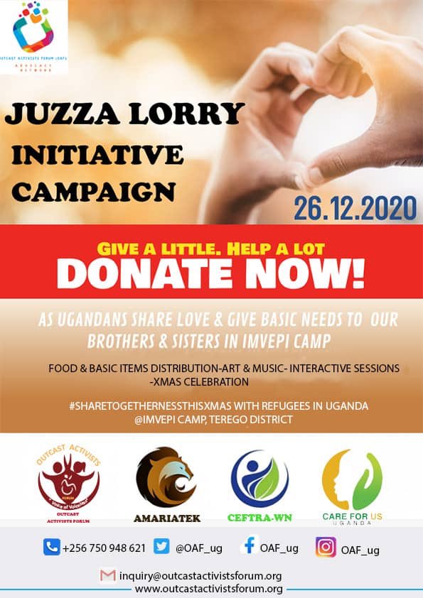 CARE4US_Uganda's tweet photo. We are partnering with @OAF_ug @amariatek @ceftra-wn @visionforhumanity & @riacod for a charity drive for 26/12/2020... please support us with supplies like food and basic home items for refugee members in IMVEPI camp in Teheran district. #JuzzaLorry https://t.co/JEtvdfGIfJ