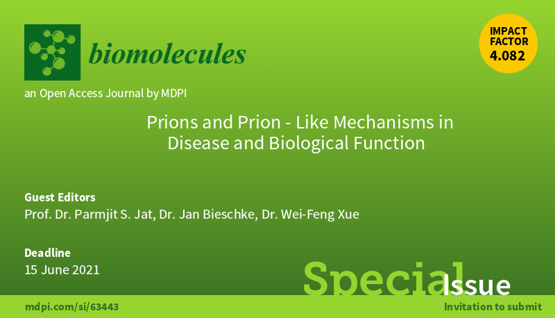 Biomol_MDPI's tweet photo. #NewSI
Welcome to submit to Biomolecules' SI "#Prions and Prion-Like Mechanisms in #Disease and #BiologicalFunction"

📢Submissions are open.
✏️Guest edited  by Prof. Dr. Parmjit S. Jat, Dr. Jan Bieschke, Dr. Wei-Feng Xue @ucl @UniKent
👉https://t.co/AS5OzZ0XoG https://t.co/fW7UtUq34A