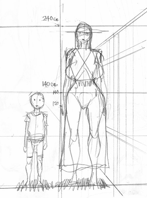 作画参考用に作った体格差確認メモ。8尺(2.4m)と××歳男性の平均身長(1.4m)との比較。デフォルメされた絵になると人間離れした怪異ってほどデカくは見えないんですよね。怪異性を出そうと思ったらもっと大きく描くべきなのでしょうが、そうするとプレイ(体位)が限定されてくるので(笑)。 