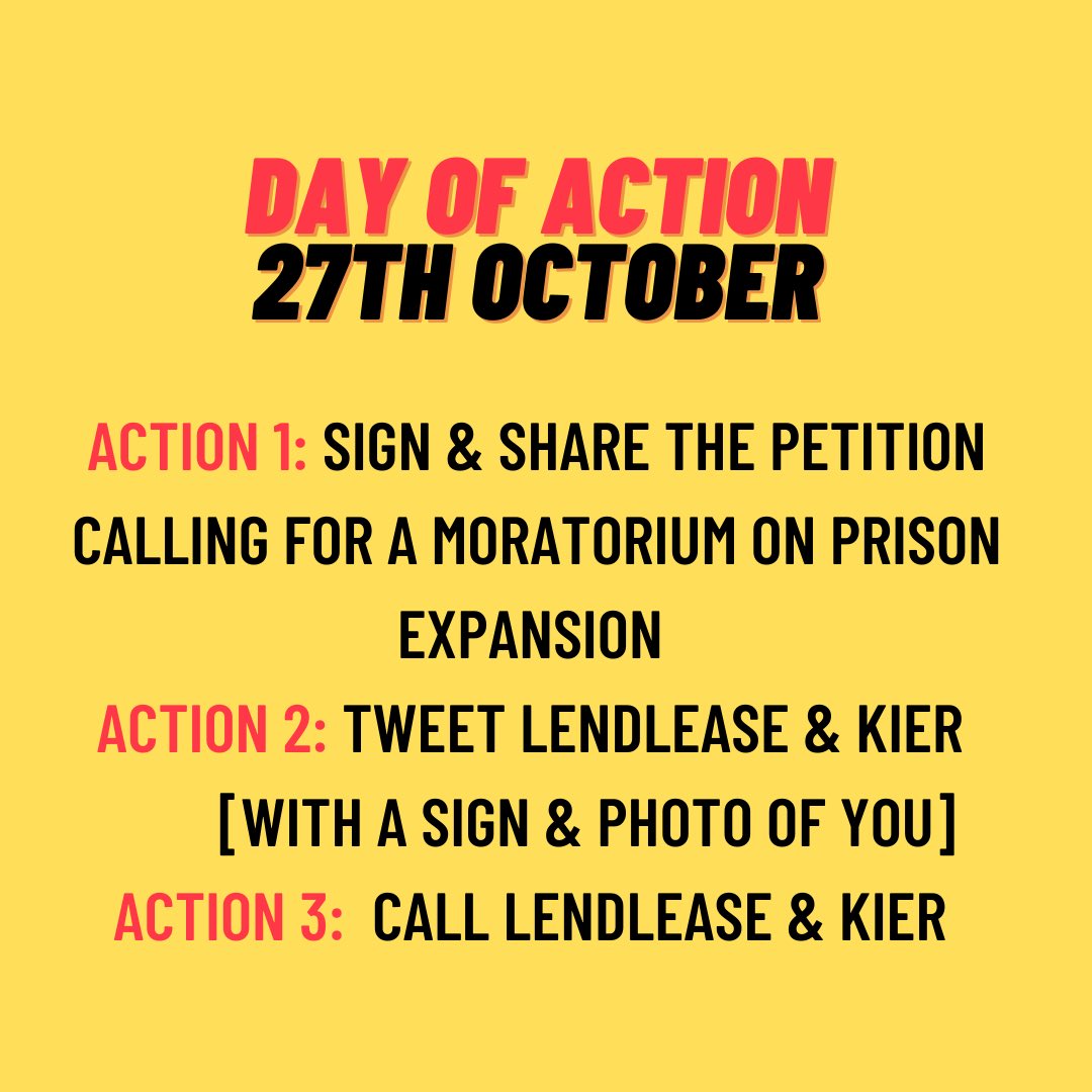 ‼️🔥📣 DAY OF ACTION 📣🔥‼️ take action TODAY against companies building mega prisons:
ACTION 1: SIGN &amp; SHARE THE PETITION CALLING FOR A MORATORIUM ON PRISON EXPANSION, 
ACTION 2: TWEET LENDLEASE &amp; KIER, [WITH A SIGN &amp; PHOTO OF YOU], 
ACTION 3: CALL LENDLEASE &amp; KIER