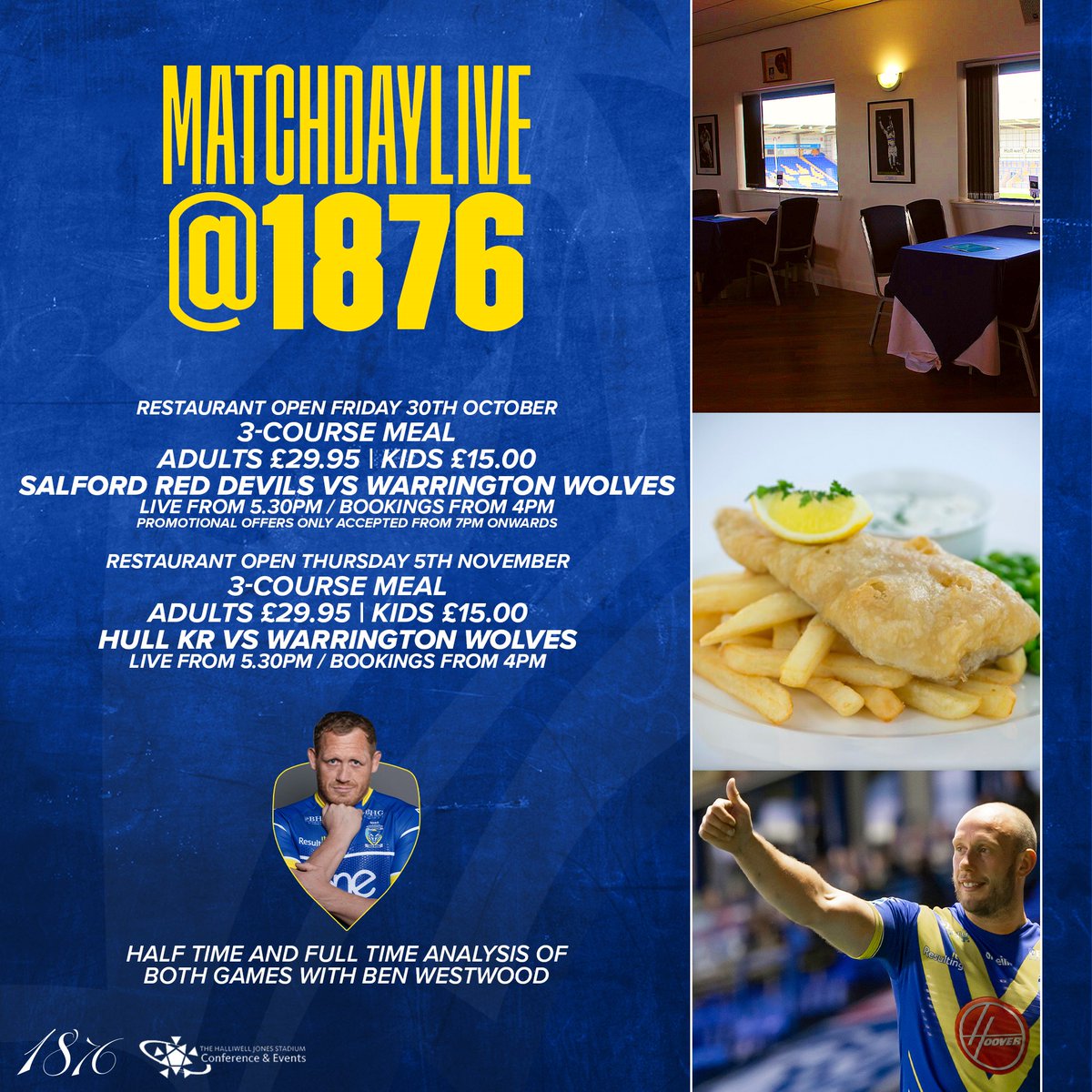MatchDayLive @ 1876 Restaurant, kicks off this Friday.
Enjoy a 3-course meal whilst <a href="/WarringtonRLFC/">Warrington Wolves</a>  take on <a href="/SalfordDevils/">Salford Red Devils 👹</a> live on the large restaurant screen.
Adults £29.95, Children £15.00

Book now www.halliwelljonesstadium/1876-restaurant, bookings from 4pm.