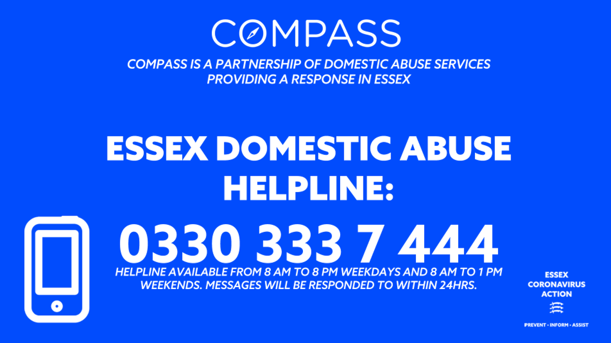 EssexIsUnited's tweet photo. Compass is a point of access in place to provide support for victims of #DomesticAbuse in #Essex. Rest assured the support is there for anyone that might need it.

Call: 0330 333 7444
Self Referral: https://t.co/xaMePY59lT
Professional: https://t.co/LuzkBUuzVx https://t.co/b9GYaptfmy