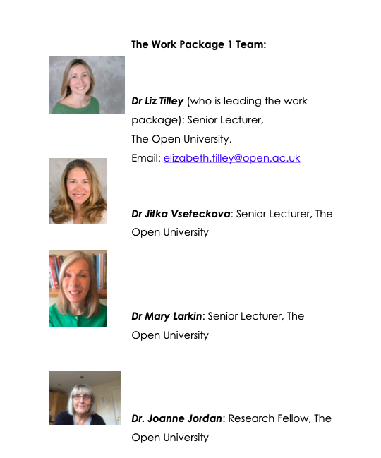 These are the people working on this package of work and where to find them:  @liz_tilley24  @JitkaVseteckova Mary and Joanne all work for the Open University Faculty of Wellbeing, Education and Language Studies  @OU_WELS