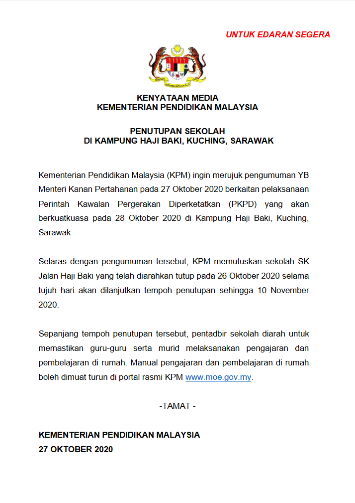 Bernama در توییتر Kenyataan Media Kementerian Pendidikan Malaysia Penutupan Sekolah Di Kampung Haji Baki Kuching Sarawak Kempendidikan Radzijidin Https T Co Tz3t1kjaay