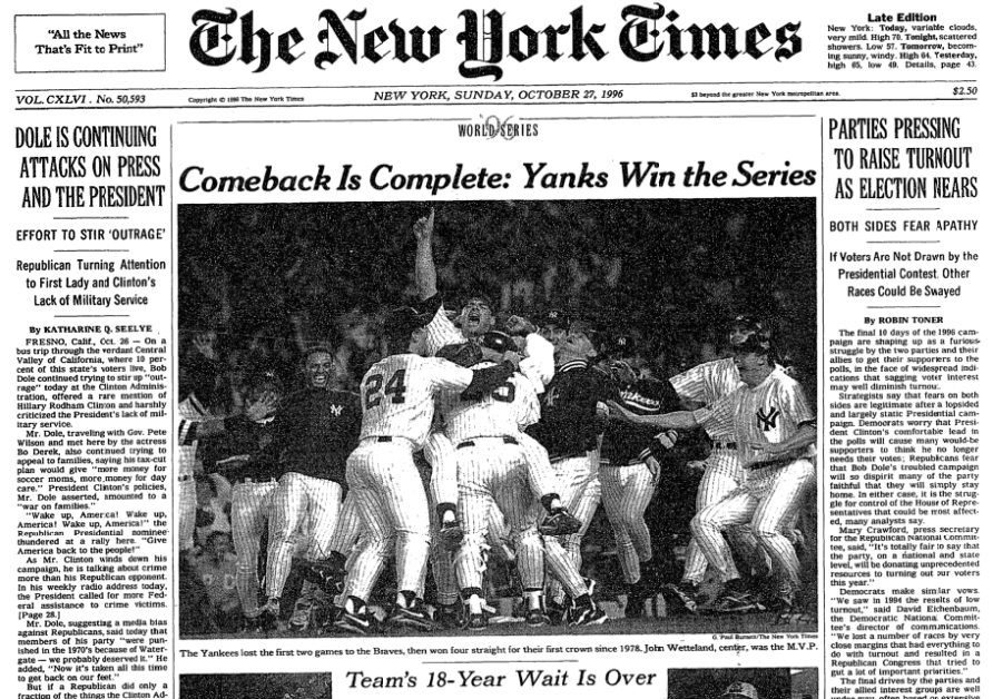 1998 New York Yankees World Series Champions Framed Front Page Newspap in  2023