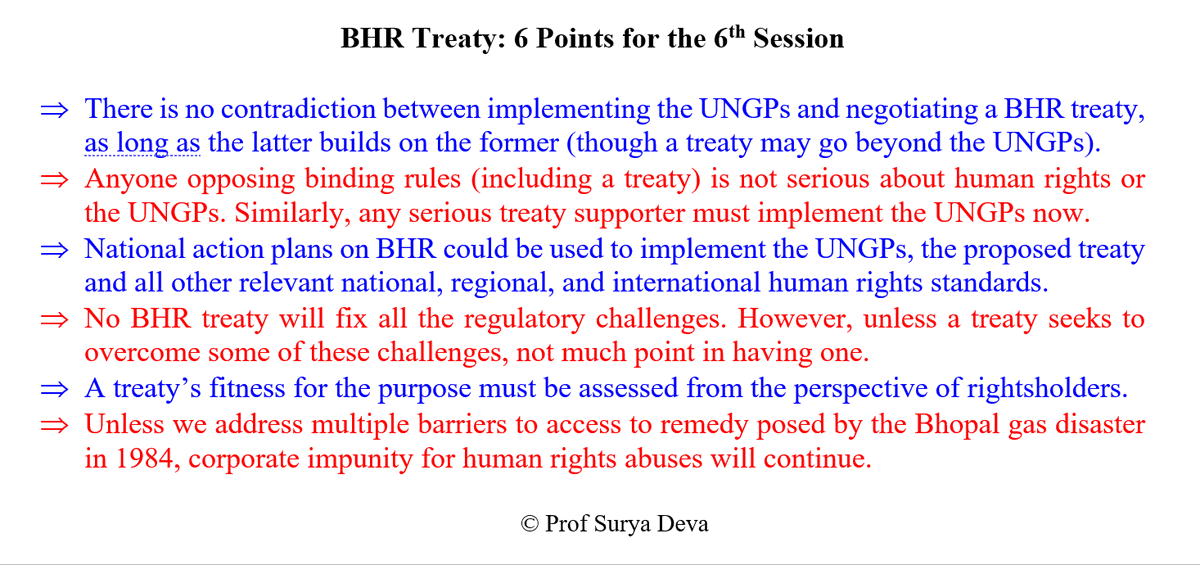 ProfSuryaDeva's tweet photo. My 6 points for the 6th #BindingTreaty Session. Retweet &amp; engage! @CarlosLopezGVA @HumbertoCantuR @NicolasCS @Aurreratze @InclusiveLaw @KrajewskiMarkus @Gabymquijano @justine_nolan @DebbieStot @RuwanSubasinghe @TaraVanHo @NadiaBernaz @BHRIblog @IPietropaoli @williamnee @Davebil36 https://t.co/IWoOF0jqLW