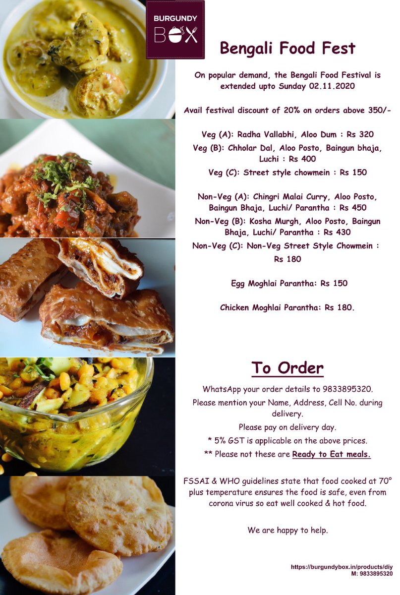 BurgundyBox's tweet photo. On popular demand, the Bengali Food Festival is extended upto Sunday 02.11.2020

To order call us on 9833895320.
Use code Feast20 to avail 20% discount on all orders above Rs 350/- https://t.co/PH9GshRicl