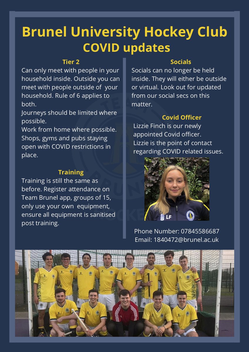 Brunel Hockey COVID-19 Updates.

All information regarding training and socials are detailed here.

Any questions regarding how COVID-19 will effect the club please contact our COVID officer Lizzie Finch