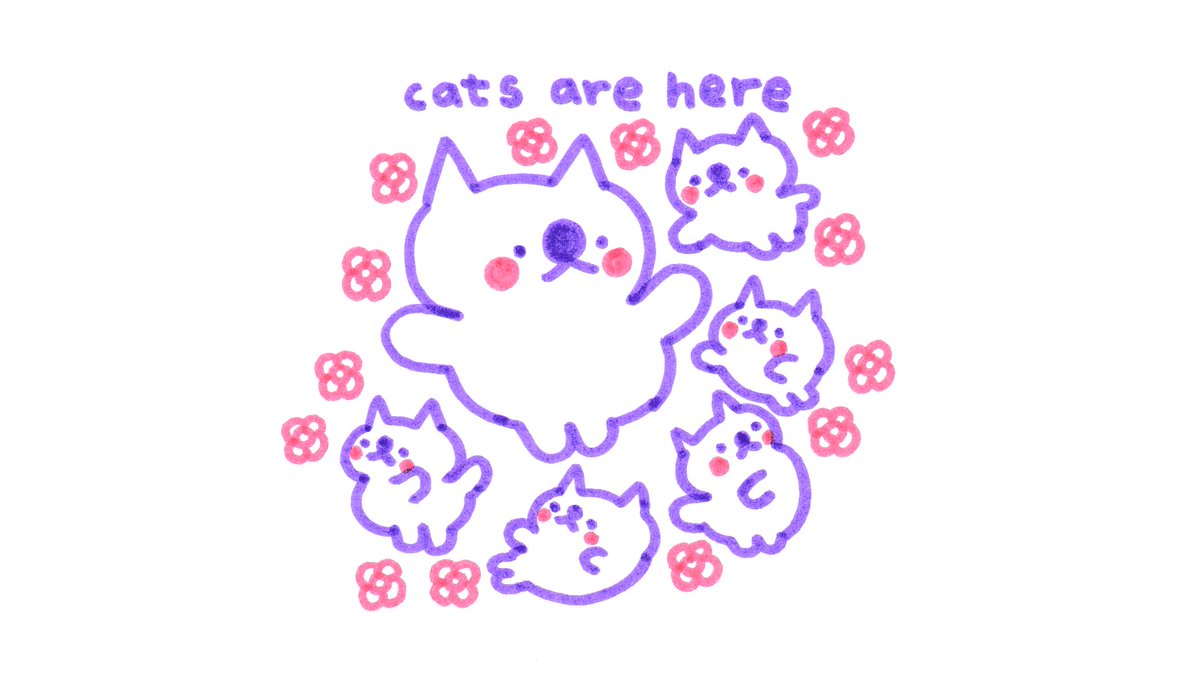 A group of cats. Text reads: "cats are here"