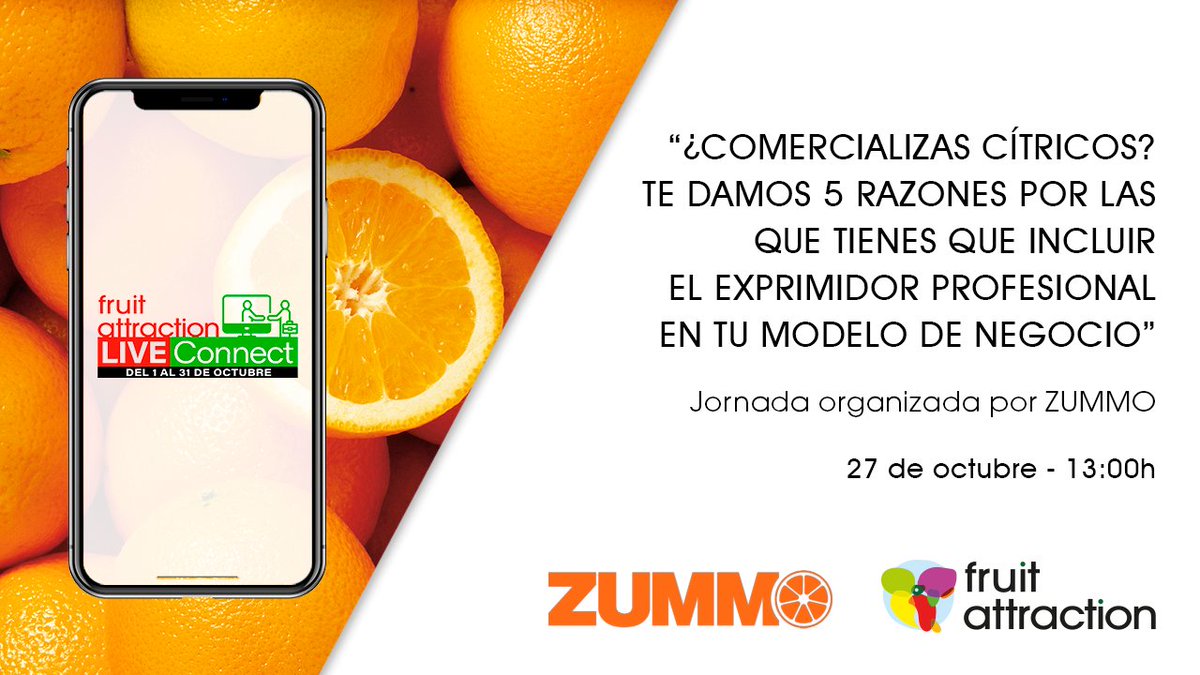 🍊 A continuación la jornada técnica: “¿Comercializas cítricos? Te damos 5 razones por las que tienes que incluir el exprimidor profesional en tu modelo de negocio”.

<a href="/Zummo_official/">Zummo</a> en #FruitAttraction #LIVEConnect.

Date de alta para asistir ➡ mtr.cool/vuvuyxzcgb