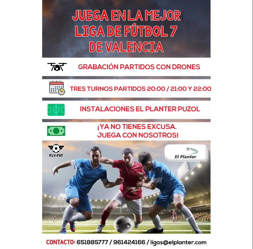 😎 #LigasF7ElPlanter te ofrece toda la disponibilidad del mundo y horarios a las 20:00-21:00 y 22:00 para que puedas disfrutar de competiciones de fútbol 7 en su totalidad 👏

¡YA NO TIENES EXCUSA. VEN A JUGAR CON NOSOTROS! ⚽

ℹ 651 885 777 / 961424166 / 654 367 932