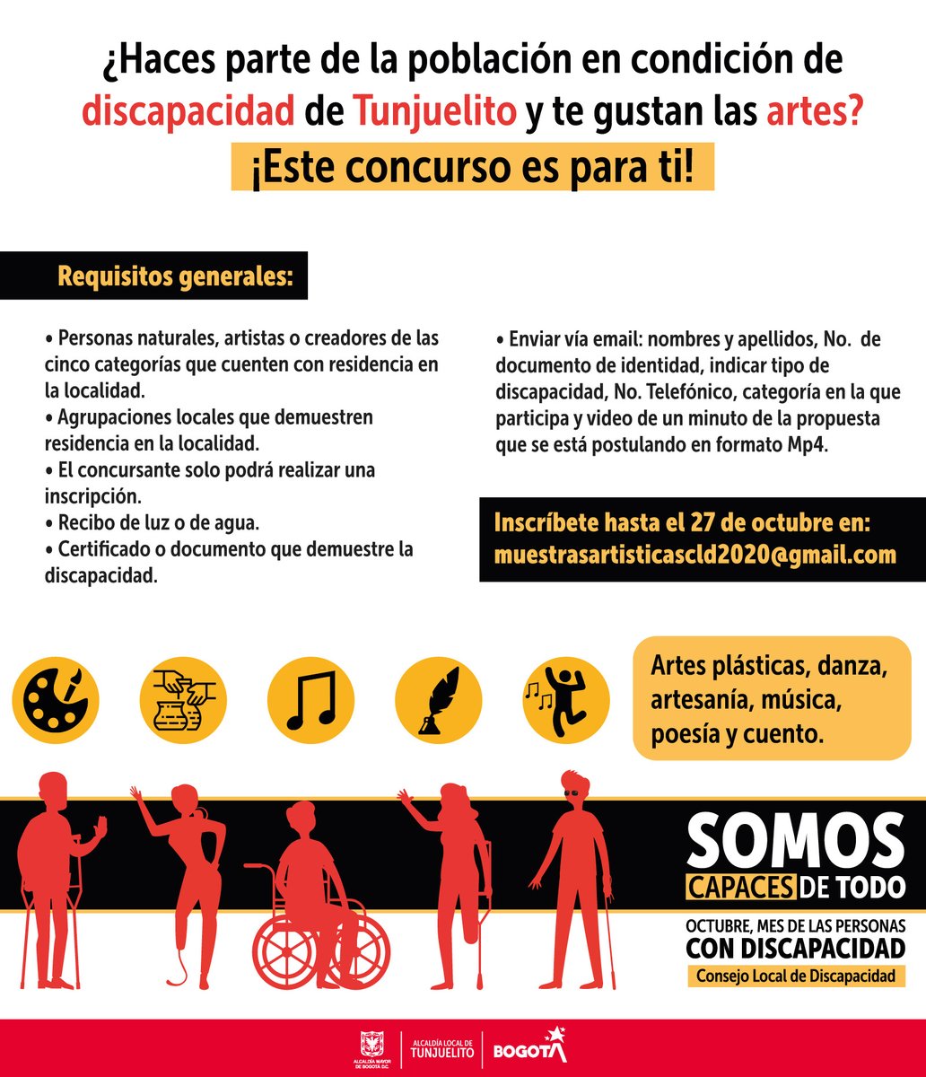 Si haces parte de la población en condición de discapacidad de Tunjuelito, participa en esta convocatoria:

✔️Artes plásticas
✔️Danza
✔️Artesanía
✔️Música
✔️Poesía y cuento

¡Último día para participar!