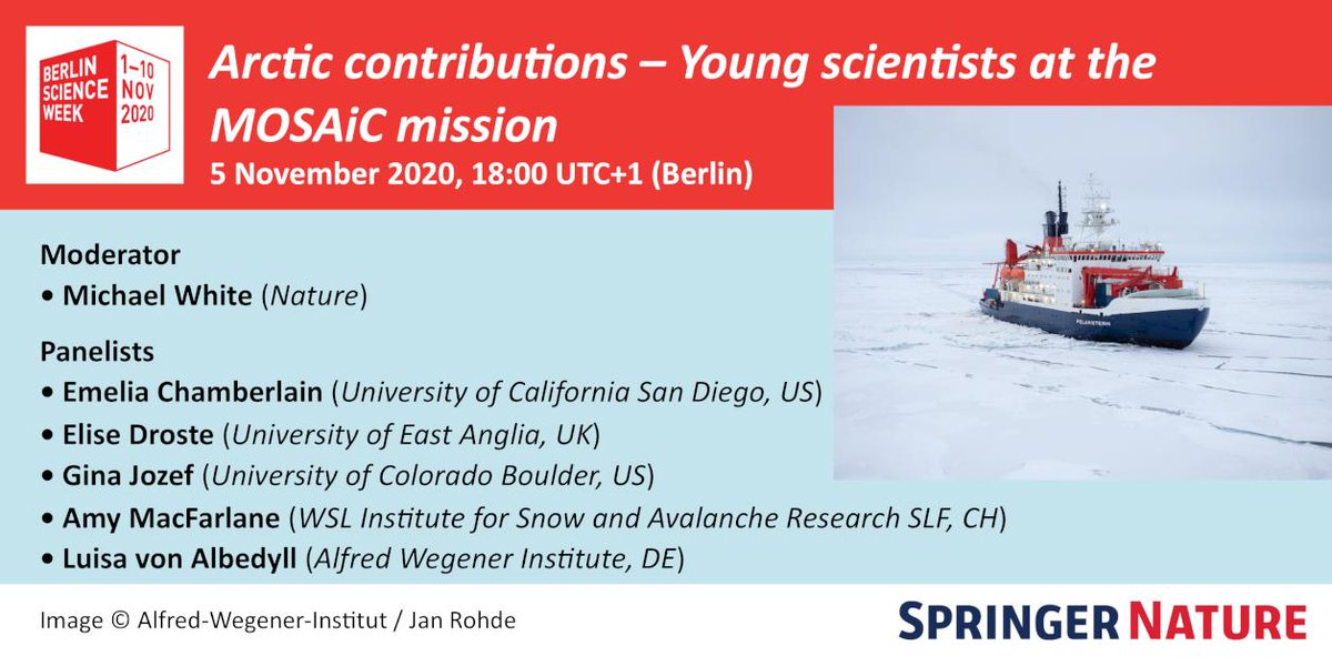 SpringerNature's tweet image. Join us @BerlinSciWeek for a discussion with an international panel of PhD students on the cutting-edge research emerging from the @MOSAiCArctic expedition! Register at go.nature.com/arcticcontribu…. #BerlinScienceWeek