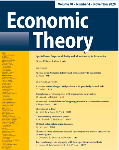 Springernomics's tweet photo. Check out the Special Issue on #Supermodularity and #Monotonicity in Economics via the journal Economic Theory: https://t.co/WfYJF4OHRs
Society for the Advancement of Economic Theory (SAET), #EconomicTheory #EconTwitter https://t.co/43P9pvUTTB