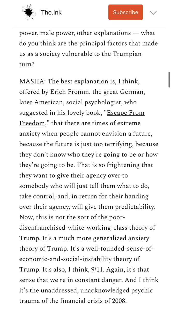 2. We must understand Trump,  @mashagessen argues, as the product of an age of extreme anxiety and relief at handing over decisions to a strongman (but not a strong man). https://the.ink/p/how-to-block-an-autocratic-breakthrough