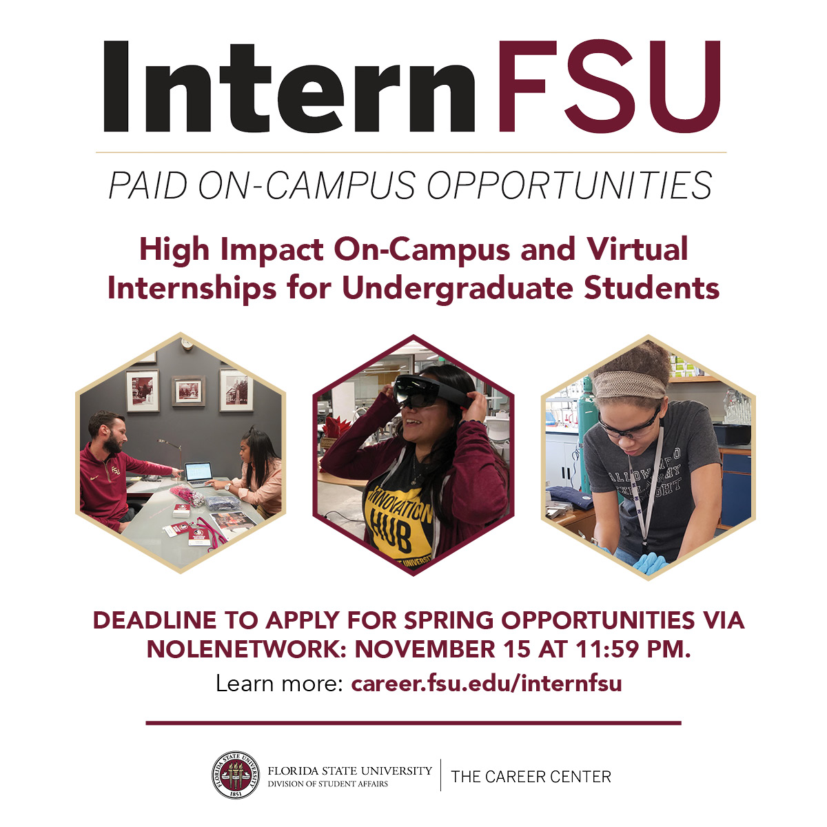 FSUCareerCenter's tweet photo. Apps for #InternFSU Spring 2021 opportunities are now open!
More than 100 paid positions (both virtual and in-person) are listed for next semester! Open to all undergraduates from all majors.
Learn more and apply➡️ https://t.co/6b0xwjO9pQ
#DesignYourCareer https://t.co/fs3nej3cwS