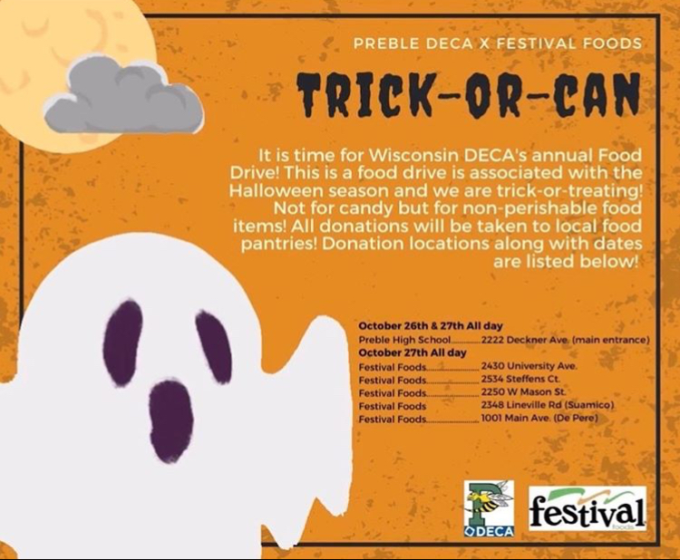 greenbayschools's tweet image. Preble High School DECA is hosting their annual Trick-or-Can event to collect non-perishable food for local pantries. You can bring your donation items TODAY to the Preble main entrance or Festival Foods. #PreblePride #CommunityReady @GBPreble @festfoods