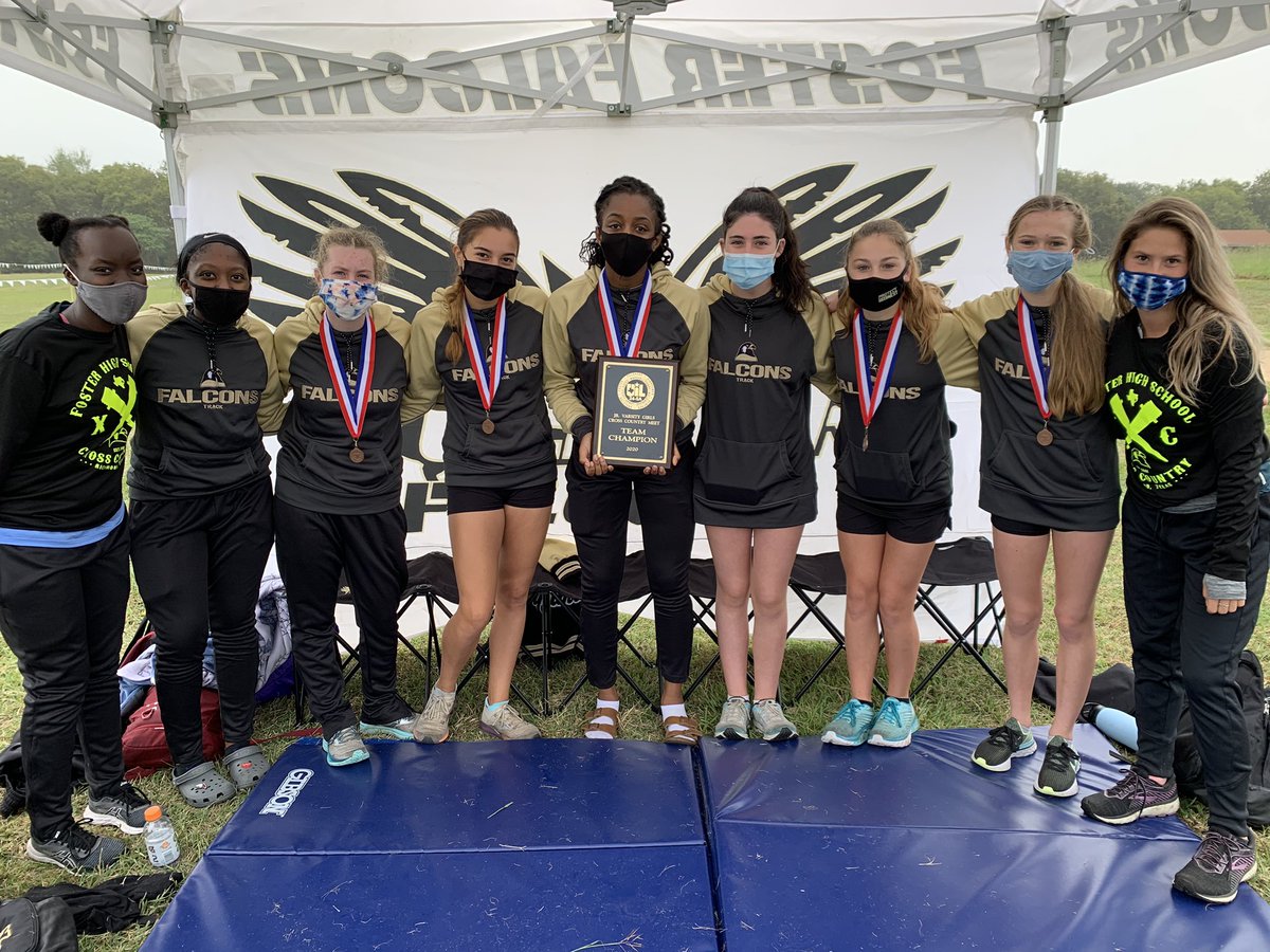 FosterWomenXC's tweet photo. Amazing finish to a rocky 2020 season! The Foster Falcons are the 24-5A JV District Champs! Awesome job ladies! #fosterxc #PTN #headsupwingsoutwefly #butdidyoudiethough #noeXCuses https://t.co/xNGuVBrgKI