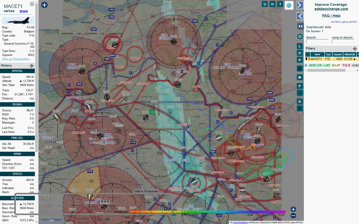 Radar_Assistant's tweet photo. MULTI ADSBX VERTICAL MANOEUVRING ALERT : At time Tue Oct 27 12:06:19 2020 #MACE71   was  manoeuvering vertically (altchange=8400ft, altdeltas=23400ft), 10nm from GZR Gilze_Rijen_TACAN_NL  near 15, Scarphoutdreef, Heikant, Merksplas, Antwerpen, #AvGeek #ADSB https://t.co/8gMYVy35mH