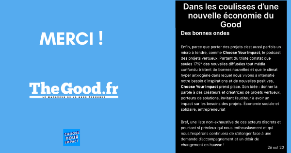 Podcast_CYI's tweet photo. .@TheGood Merci pour avoir positionné Choose Your Impact dans "les coulisses d'une nouvelle économie du good" 👉https://t.co/2FE4sECohT 🙏@CamilleLingre #podcast #impact #chooseyourimpact https://t.co/7F72PPiwwN
