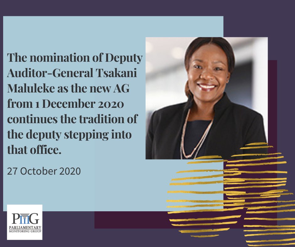 PMG_SA's tweet photo. 🇿🇦📢The National Assembly has approved the Ad Hoc Committee recommendation of Ms Tsakani Maluleke, for appointment by President @CyrilRamaphosa, as the next Auditor-General.
MPs say "she is the best person for the job".
The term of current #AG ends on 30 Nov, 2020.
#nextAG https://t.co/2mzfIJBGAf