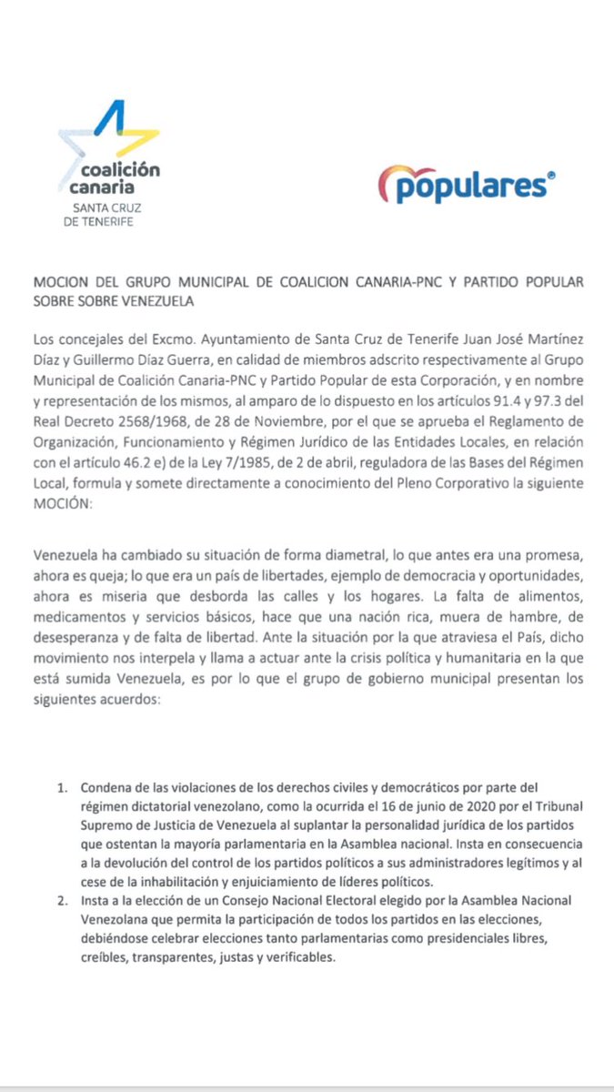 UCVE2009's tweet photo. Hoy desde la UCVE compartimos esta Moción presentada por el Grupo Municipal de Coalición Canaria-PNC y el Partido Popular sobre la situación de #Venezuela https://t.co/cxKv0r3ab0