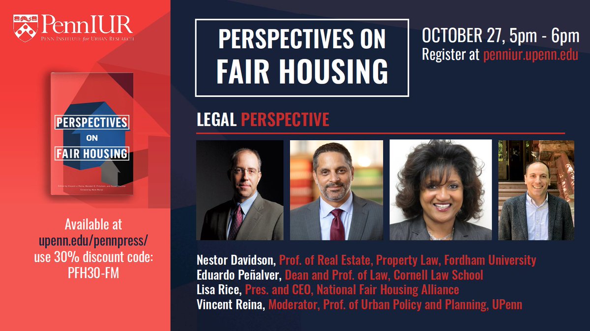 UrbanLawCenter's tweet photo. Tue Oct. 27th @davidson_nestor joins other housing scholars to discuss the legal significance of the FHA in "Perspectives on Fair Housing", an online panel sponsored by @PennIUR. The event is free and you may register here: https://t.co/1kNKQqOlE1.
#housing #civilrights https://t.co/S6zecG2Hul