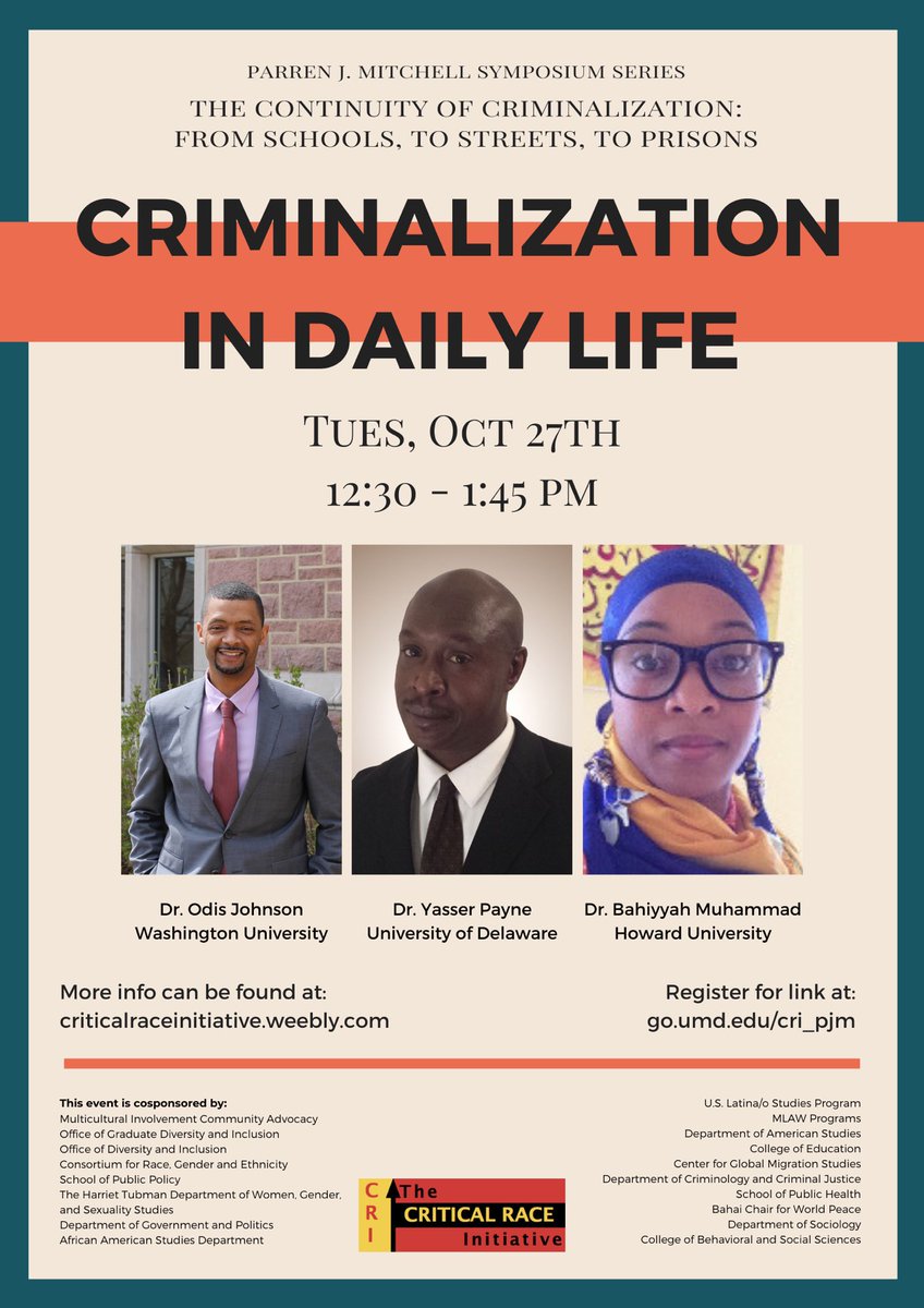 UMD_CRI's tweet photo. There’s still time to register 🤓
Join our virtual panel today at 12:30pm where we will discuss how criminalization manifests in daily life.
Register here: https://t.co/STBw8tEmGh
#PJM20 https://t.co/Acwi4TBWtP