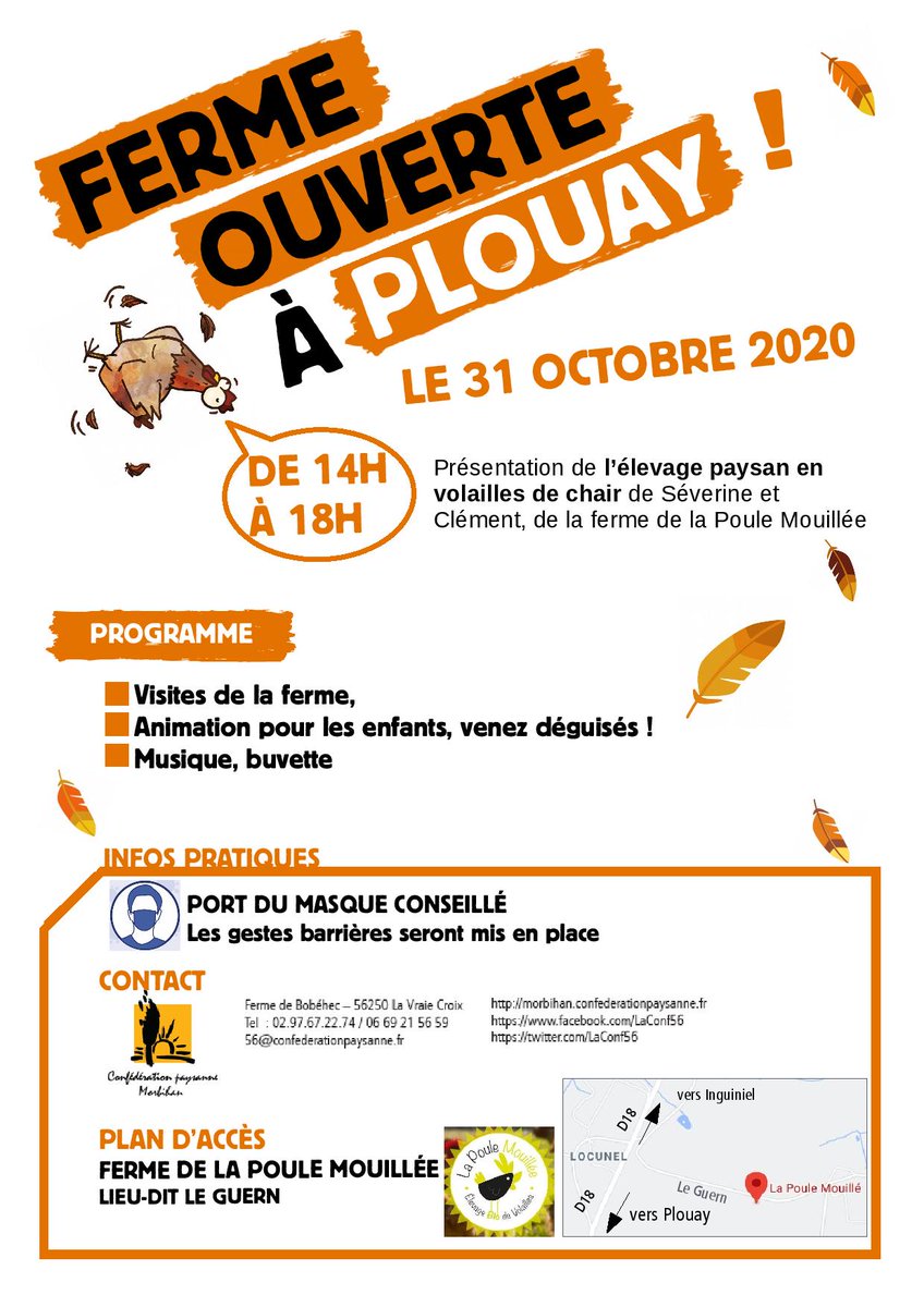 Nous vous invitons chaleureusement à venir découvrir la ferme de La Poule Mouillée samedi à Plouay de 14h à 18h!
#Agriculture paysanne, emploi, lien au sol, bien-être animal, dynamisme rural,... 
Soyez les bienvenus! 
@LesAmisdelaConf <a href="/ConfPaysanne/">Conf' Paysanne</a>