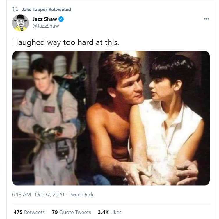 JackPosobiec's tweet photo. Truck attack on Philadelphia police officers last night, 12 hospitalized, and @jaketapper is busy posting Patrick Swayze memes. Maybe he'll do an Eagles update later. But remember how much he cares about the people who wear the uniform. https://t.co/GOKSm4nQH6