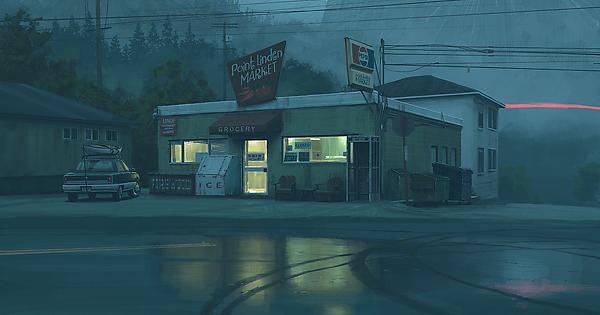 nightskyfilm's tweet photo. This gloomy, beautiful piece by @simonstalenhag just captures the mood of what we want for Night Sky.  
We even found an awesome diner to film in next week 🤩

#conceptart #UFOs #NowInProduction https://t.co/AxUBSwRvNT