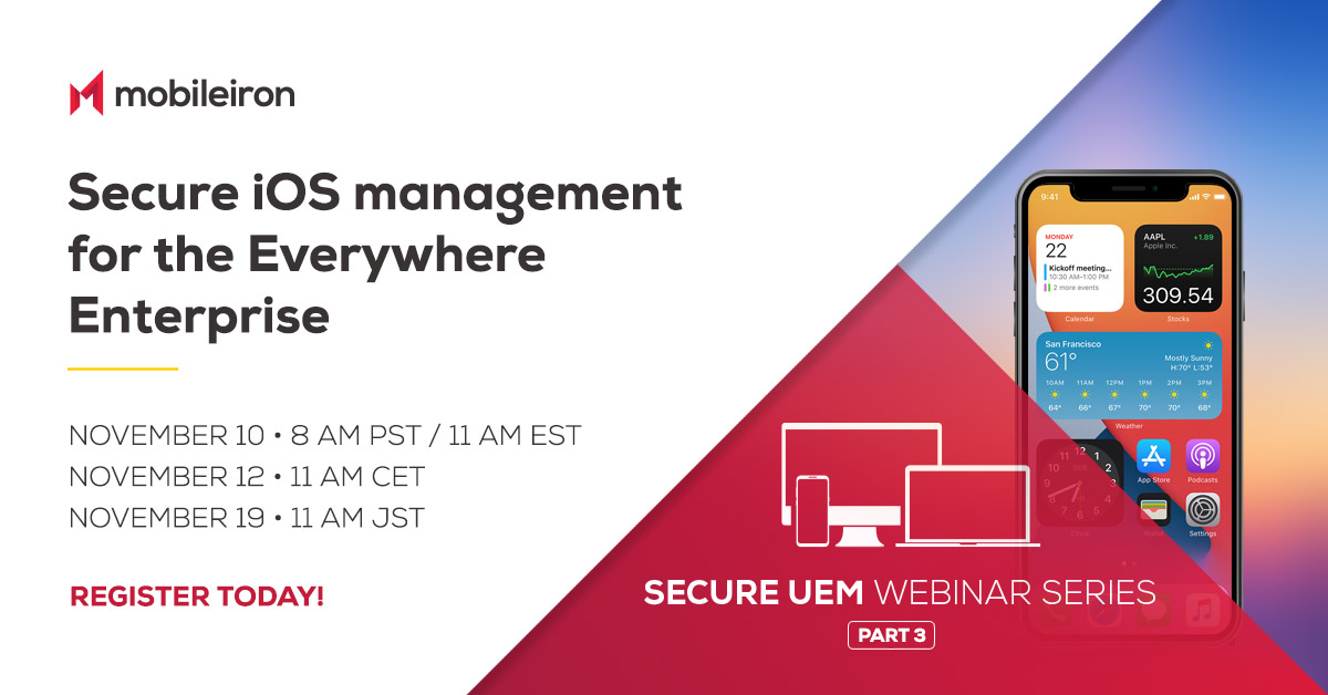 Don't miss <a href="/mobileiron/">MobileIron (acquired by Ivanti)</a>'s next webinar! Our top customers are sharing how they use MobileIron UEM to solve the challenges of managing and securing data, applications, and more for #iOS devices.
💻 Register here: okt.to/PTosCc