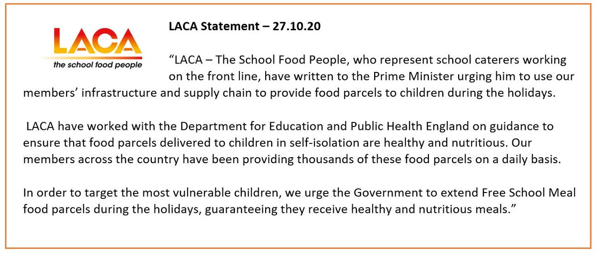 LACA Statement - 27.10.20
#FreeSchoolMeals #Holidayprovision <a href="/vickyford/">Vicky Ford</a> <a href="/educationgovuk/">Department for Education</a> <a href="/BorisJohnson/">Boris Johnson</a> <a href="/GavinWilliamson/">Sir Gavin Williamson CBE MP</a> <a href="/SforsterLaca/">Stephen Forster</a> <a href="/MarcusRashford/">MR14</a> <a href="/hmtreasury/">HM Treasury</a> <a href="/RishiSunak/">Rishi Sunak</a>