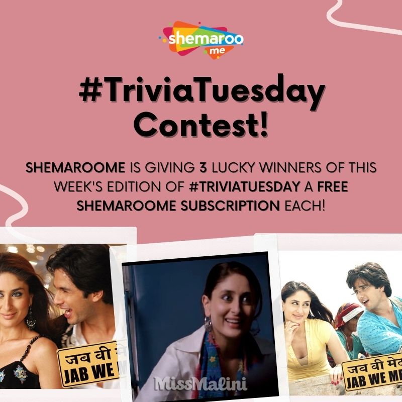 3 lucky winners who answer all 5 questions from today's #TriviaTuesday correctly, stand a chance to win a FREE subscription of <a href="/ShemarooMe/">ShemarooMe_Official</a>! All the questions today are about #JabWeMet to celebrate #13YearsOfJabWeMet! <a href="/ShemarooEnt/">Shemaroo</a> ow.ly/y4PP50C3Kuk