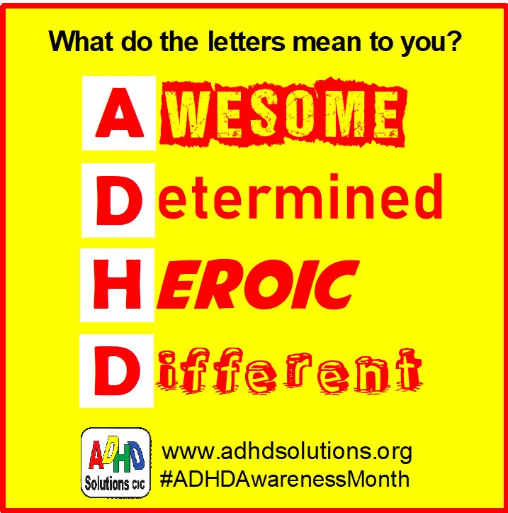 ‘Attention’ ‘Deficit’ ‘Hyperactivity’ + ‘Disorder’ are four words put together that uniquely identify a common, complex neurodevelopmental condition. Lots more represent the positives. Change the words - change the picture #adhd #ADHDAwarenessMonth #adhdsolutions #adhdpositivity