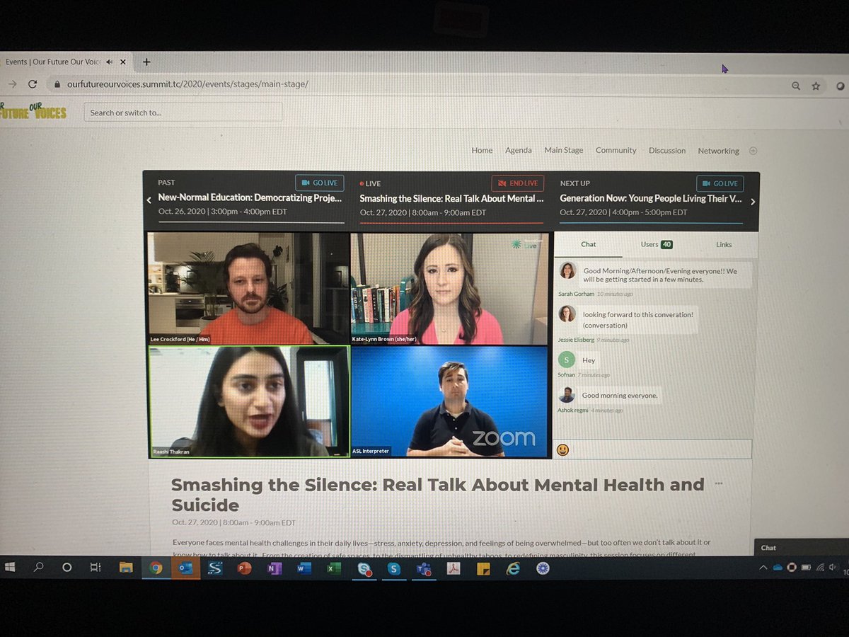 IYFtweets's tweet photo. Starting out Day 2 of #OurFutureOurVoices Virtual Summit with this informative live conversation on #MentalHealth. Insights from @pisclib Kate-Lynn Brown, @RaashiThakran, &amp; @LeeCrockford on how we can engage our communities in the mental health space. #ListenToYoungLeaders https://t.co/nIShxwxluM