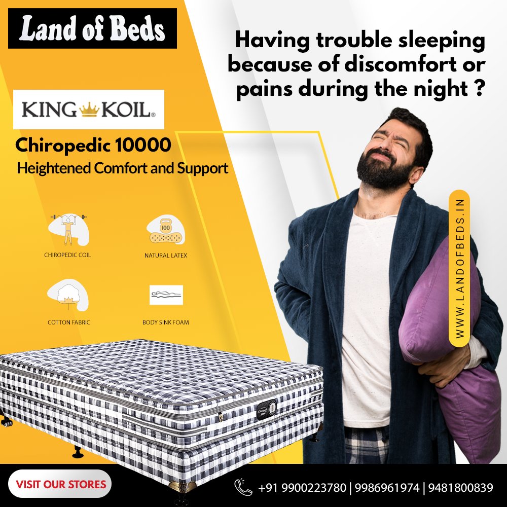 Having trouble sleepingbecause of discomfort or pains during the night ? A perfect solution for all of that. Enjoy Heightened Comfort and Support with Chiropedic 10000.

#landofbeds #KingKoil #KingKoilIndia #LuxuryMattress #luxurylifestyle #luxurybedroom #Chiropedic10000.