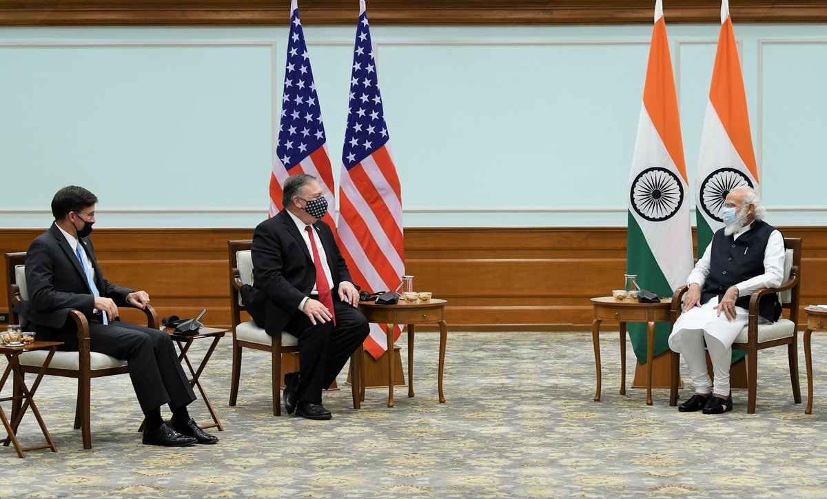 SecPompeo's tweet photo. Warm conversation today with Indian Prime Minister @narendramodi. Our close relationship, which is rooted in our vibrant democratic traditions and fostered by the free and open exchange between our peoples, is beneficial for the world. https://t.co/1jQjlv9HnX