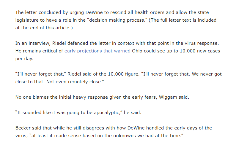 Ohio found its coronavirus case March 9. Some initial modeling in April projected more cases than actually occurred -- maybe because of mitigation, maybe a modeling error. But it's just a little silly to be clutch to this modeling in October that the health dept no longer uses