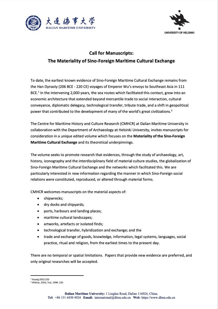 CMHCR_China's tweet photo. Call for Manuscripts! If you are an international scholar researching Sino-Maritime Exchange, please consider contributing to our forthcoming volume co-edited by @VWalkerV @helsinkiuni and @CMHCR_China’s very own @SarahWardAU and Liú Yíngchūn. Details below! 💦 
#maritime #China https://t.co/kPRVjmATRz