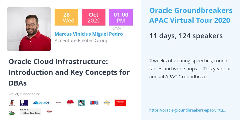 viniciusdba's tweet image. In a few hours I will speak for #oraclegroundbreakersapacvirtualtour2020 about @OracleCloud concepts for DBAs. You can register to my session here: …-apac-virtual-tour-2020.heysummit.com/talks/oracle-c…

@oracleace @Enkitec