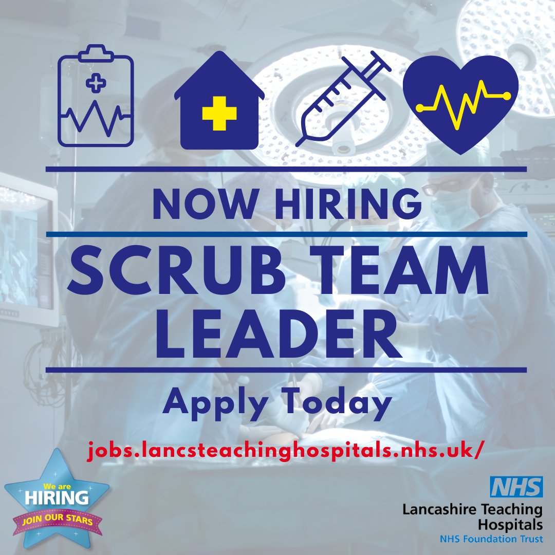 LancsHospJobs's tweet photo. Job Vacancy - Scrub Team Leader - Band 6

Are you looking for a challenge to work in a dynamic perioperative environment?

#NHSJobs #NHS #ScrubTeam #Theatre #Surgery @LancsHospitals 
For more details please refer to our website.
https://t.co/TGmM4Ywxdd https://t.co/U8qx2bxaPT