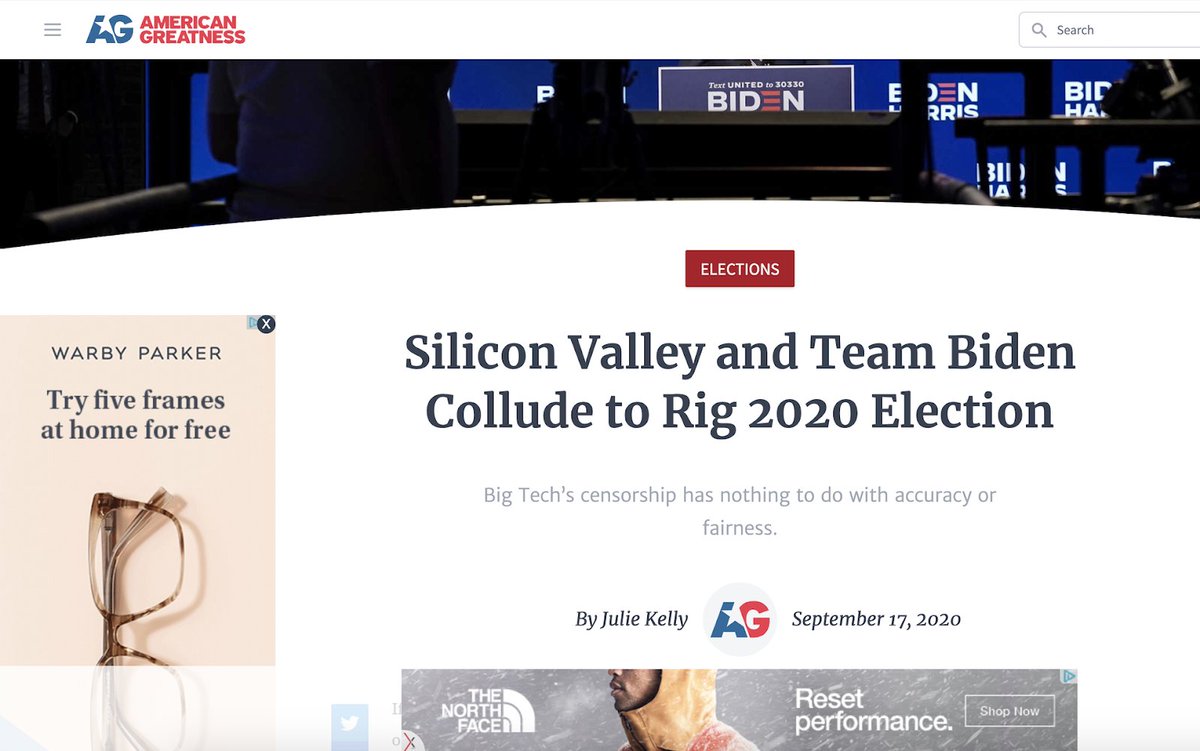 This article in American Greatness falsely suggests that both Democrats & Republicans are planning “a post-election civil war to make sure Joe Biden takes the White House no matter what.”Hey  @thenorthface  @888poker are you aware your ads are funding this dangerous conspiracism?