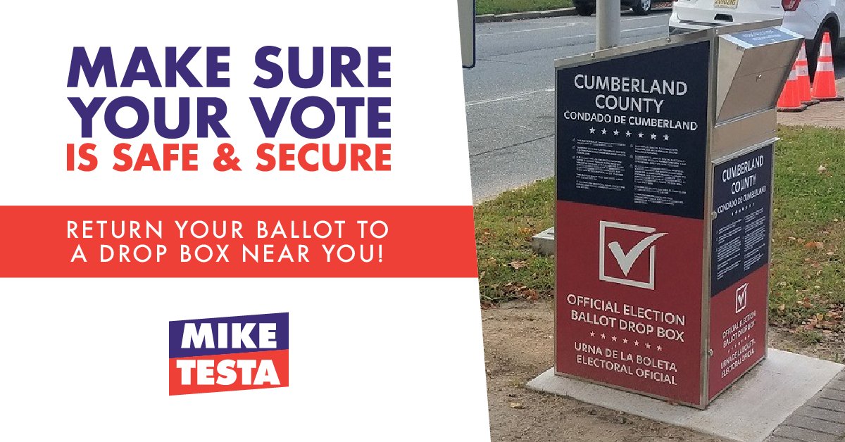 TestaForNJ's tweet image. Every single vote counts in this year’s General Election. Make sure your vote is safe and secure by returning your ballot to a drop box near you and VOTE Republican! #LD1
testafornj.com/make-sure-your…