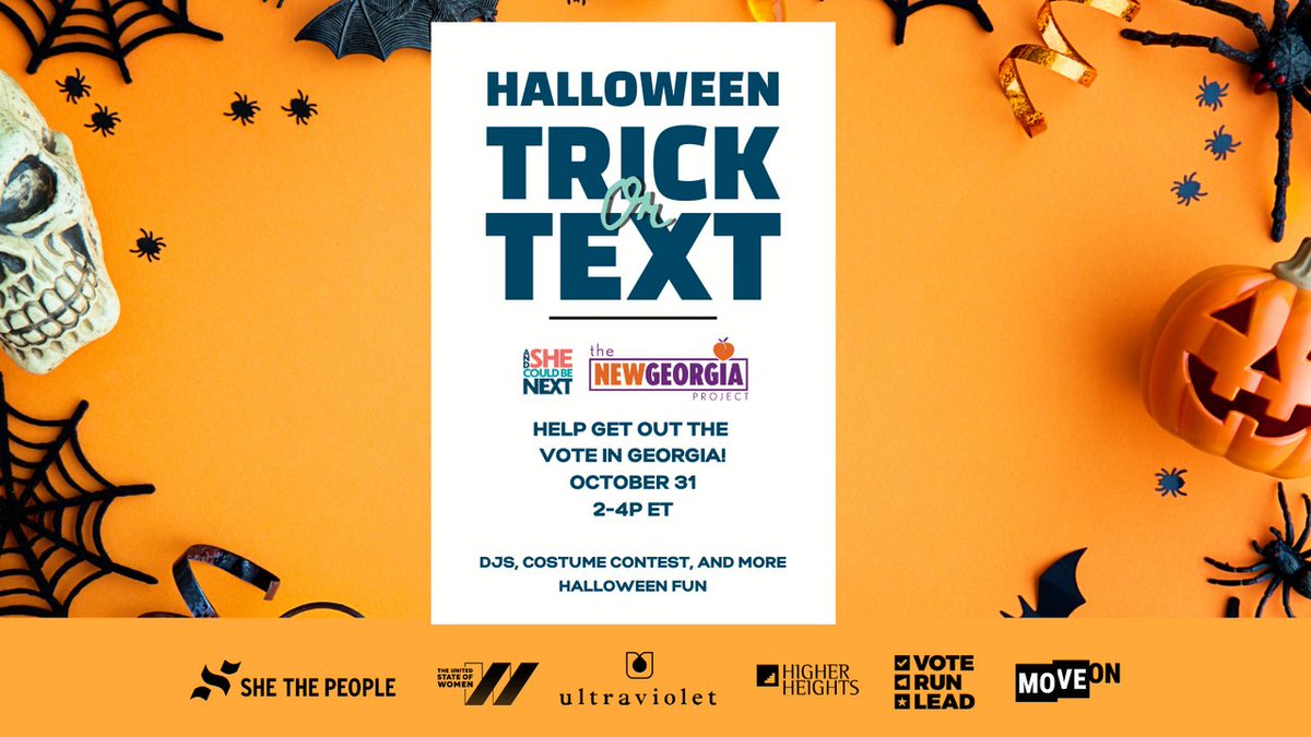 _shethepeople's tweet image. Friends don’t let friends not vote. Friends help friends #StepIntoPower by participating in #TrickOrTextGA and encourage Georgia voters to head to the polls! 🗳 

So text them on October 31 from 2-4 pm ET/1-3 pm CST! 🎃 📳 📱

Visit andshecouldbenext.com/trickortext for more info!