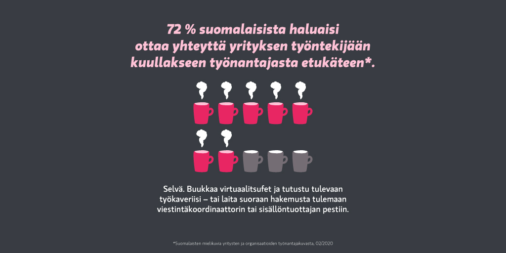 DrumComms's tweet photo. Sisällöntuottajaksi Drumille? Tutustu ensin tulevaan työkaveriisi virtuaalikahvitellen 👇https://t.co/EZ9rN0lzla #rekry #viestintä https://t.co/DMNhrYzWR2
