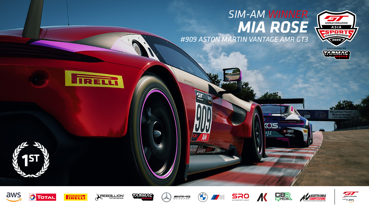 GTWorldChAsia's tweet image. SIM-AM 🏆  Mia Rose comes home fifth overall to claim her first Am class victory!

It was a flawless performance from the @AMR_Official ace who also becomes the first woman to win a #SROesports race. Trailblazer!

📺 youtu.be/UmSAZiHhnVw