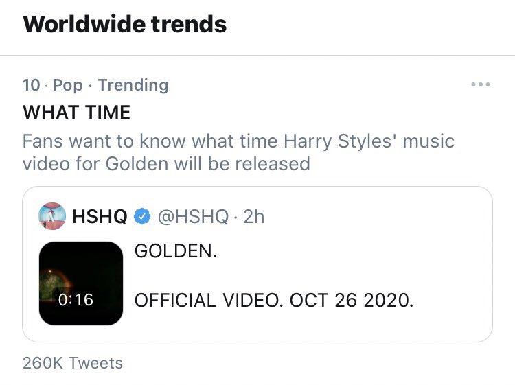 15. hshq posted the golden music video teaser! they also didnt give us a specific time so you know harries being ourselves, "WHAT TIME" trended in a blink